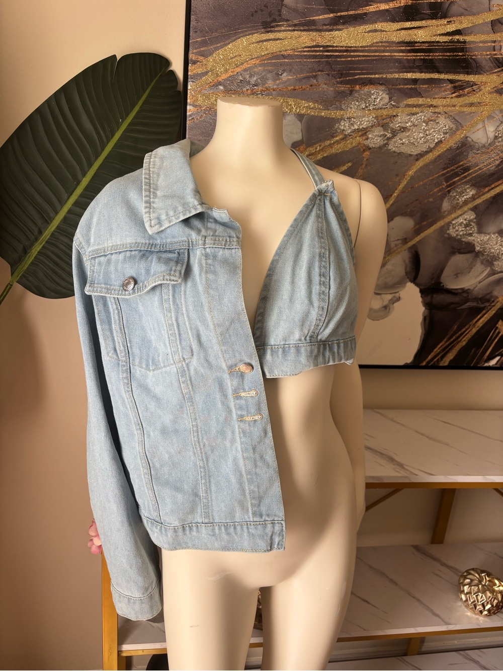 Light Wash Denim Jacket & Bralette Set